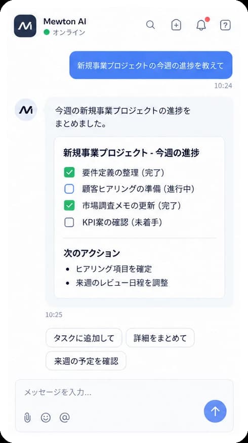 AIがプロジェクトの今週の進捗をまとめたチャット画面